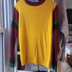 Medium / Large 1970s Deadstock Sweater Red Yellow Blue Colorblock Long Sweater
